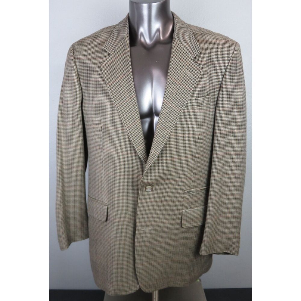 Men Orvis Brown 3 Button Formal Jacket Size 42L Houndstooth Vintage‎ USA Made